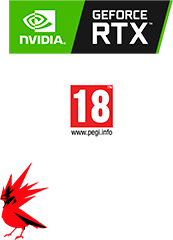 CD Project RED, PEGI 18 og Nvidia GeForce RTX logo